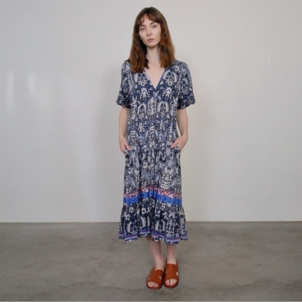 XIRENA S AGATHA DRESS‎ gauze midi tiered flowy feminine boho print INDIGO BLUE